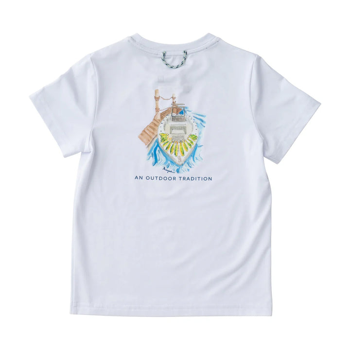 Kids Pro Performance Short Sleeve Fishing T-shirt- Bright White with Mahi Catch of the Day