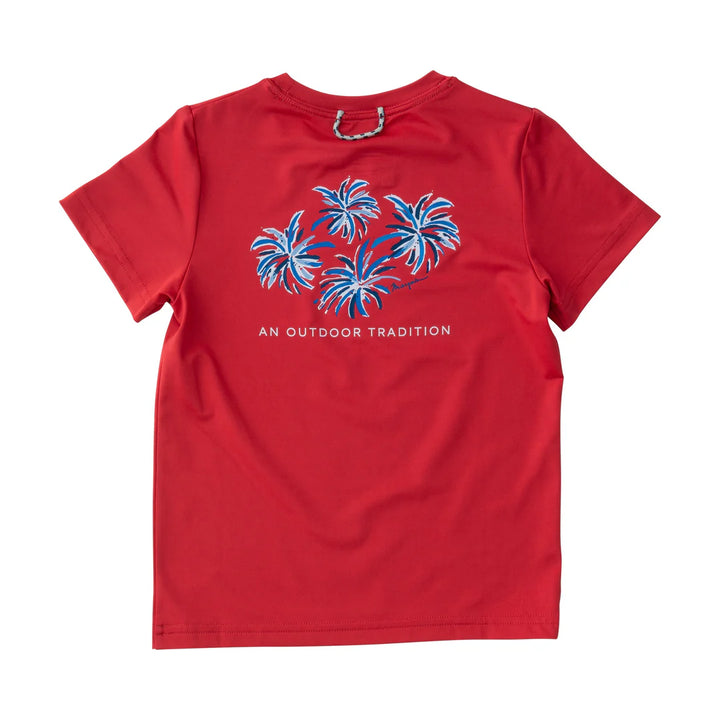 Kids Pro Performance Short Sleeve Fishing T-shirt- Watermelon Red with 4th of July Fireworks