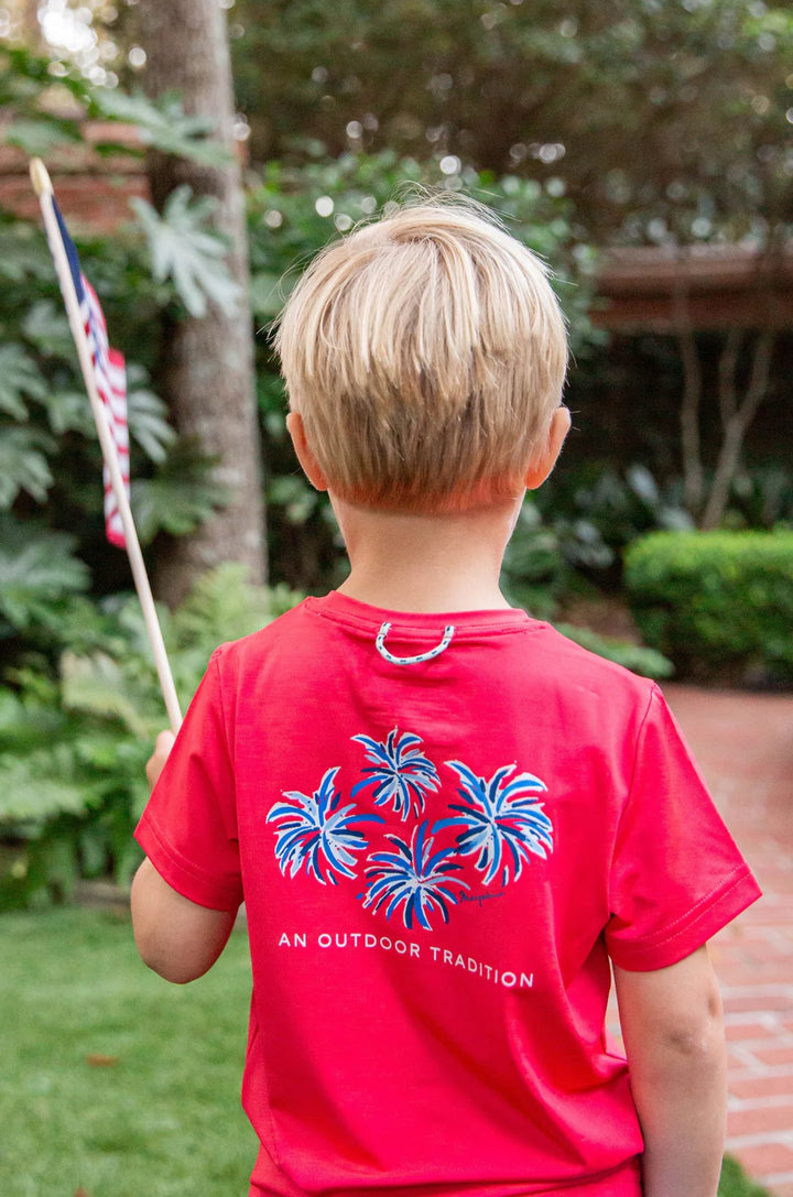 Kids Pro Performance Short Sleeve Fishing T-shirt- Watermelon Red with 4th of July Fireworks