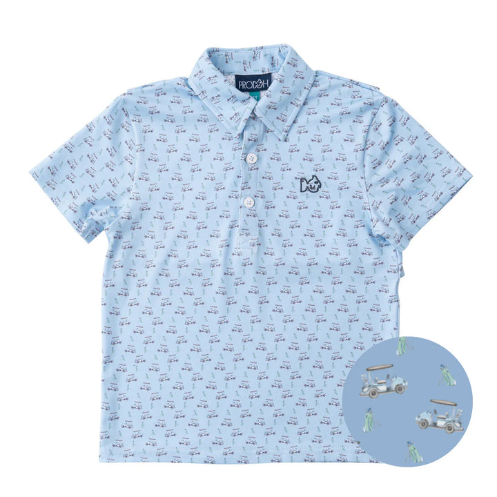 Short Sleeve Pro Performance Polo- Powder Blue Golf Cart Print