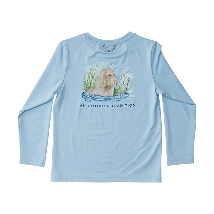 Kids Pro Performance Long Sleeve Fishing T-shirt- Clear Sky Blue Boykin Spaniel