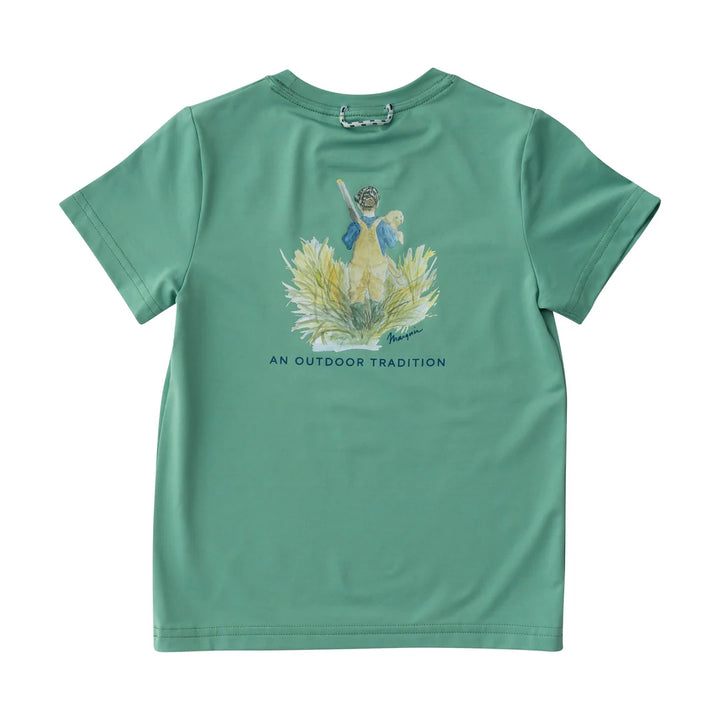 Pro Performance Short Sleeve Fishing T-shirt- Green Spruce Boy and his Lab Puppy