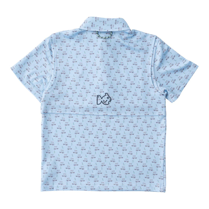 Short Sleeve Pro Performance Polo- Powder Blue Golf Cart Print