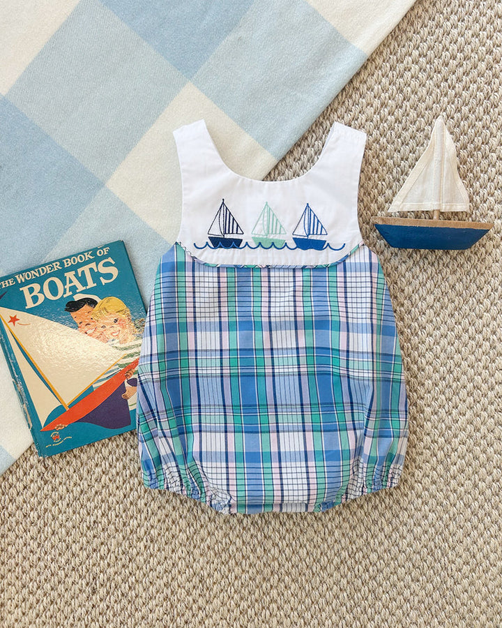 Sandler Sunsuit-Lauderdale Pier Plaid with Worth Avenue White & Sailboat Appliques