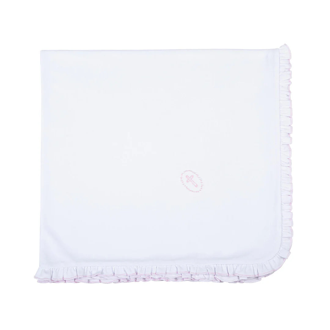 Blessed Embroidered Ruffle Receiving Blanket- Pink