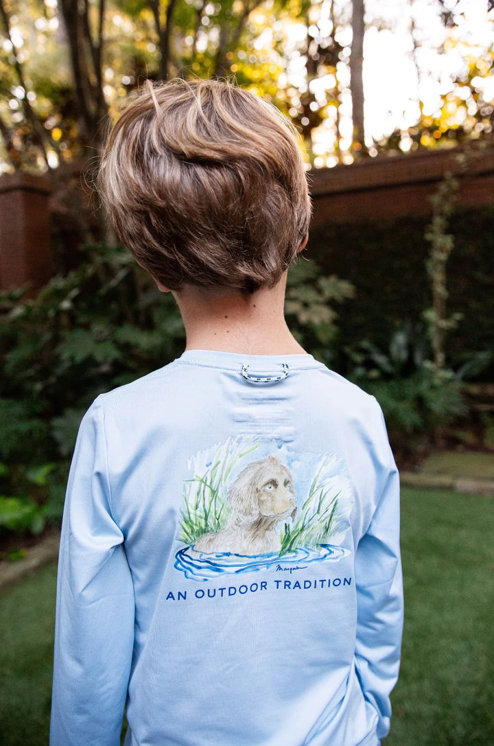 Kids Pro Performance Long Sleeve Fishing T-shirt- Clear Sky Blue Boykin Spaniel