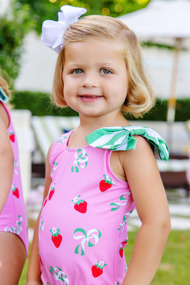 Brookhaven Bow Bathing Suit-Bow and Berry (Hamptons Hot Pink) with Kiawah Kelly Green Stripe