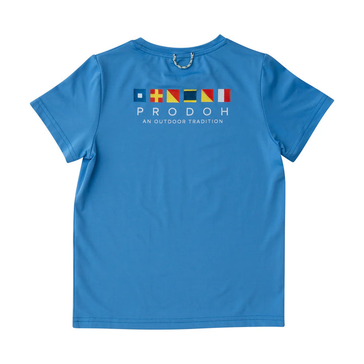 Kids Pro Performance Short Sleeve Fishing T-shirt- Marina Blue with Nautical Flags