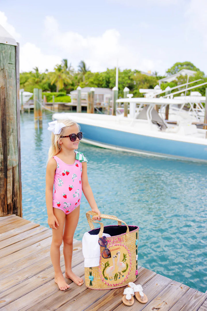 Brookhaven Bow Bathing Suit-Bow and Berry (Hamptons Hot Pink) with Kiawah Kelly Green Stripe