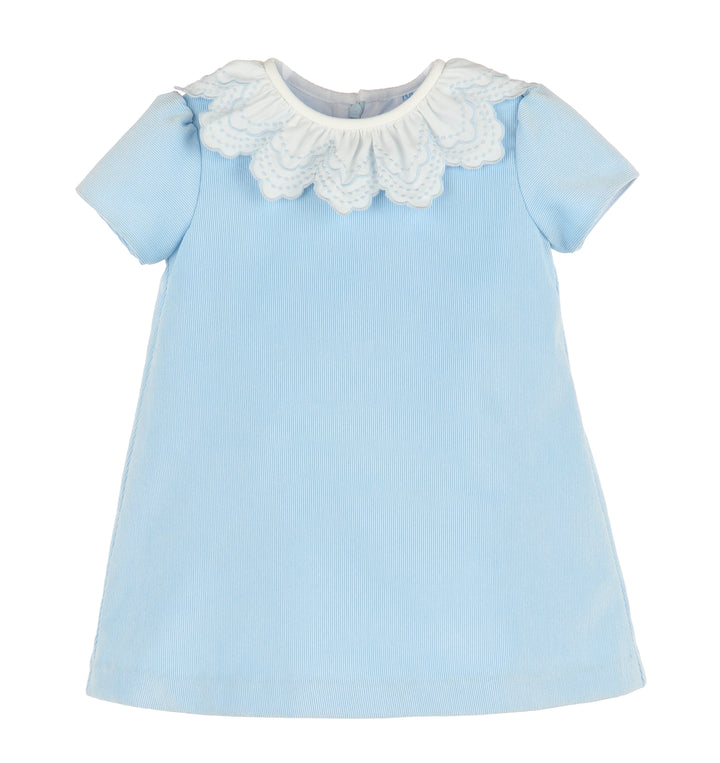 A-Line Corduroy Dress with Broderie  Collar- Blue