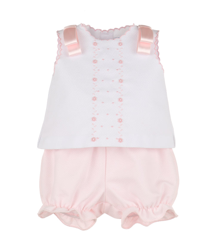 Pique Embroidered Flowers Set- Pink