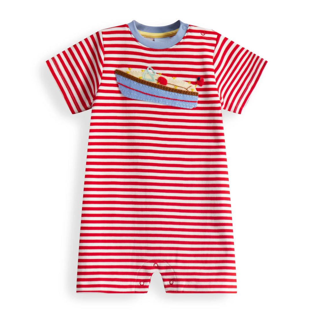 Boy's Striped Applique Pima Romper- Red/White Stripe with Boat