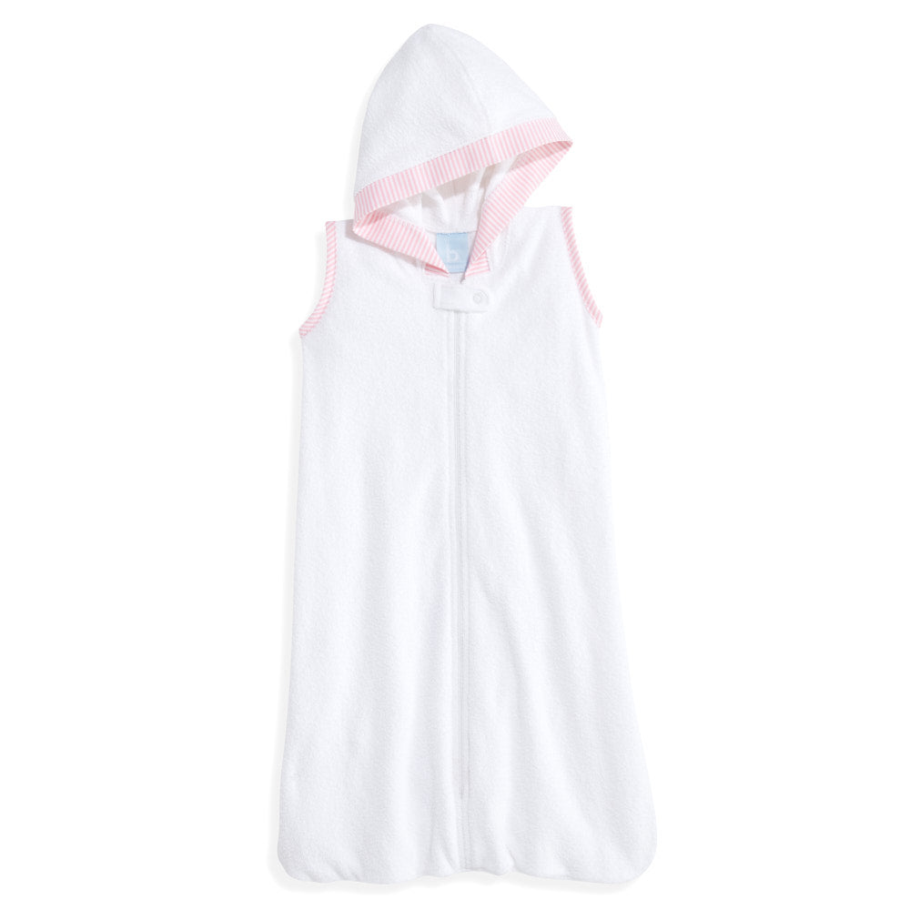 Bliss Hooded Terry Bath Sac- White with Pink Oxford Stripe