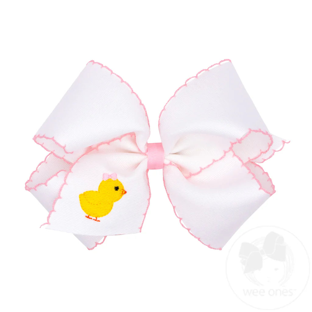 Grosgrain Bow with Moonstitch Edge and Yellow Chick Embroidery