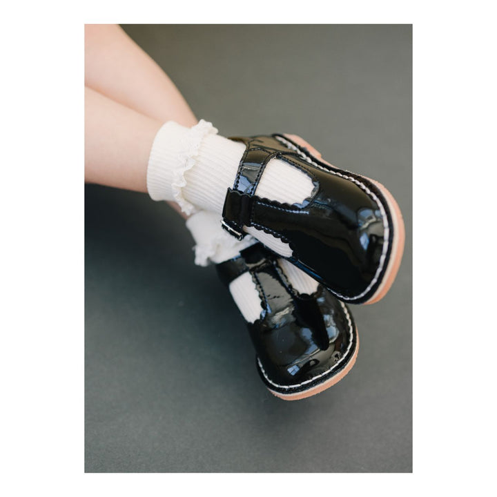 Selina Patent Scalloped T-Strap Mary Jane- Black Patent