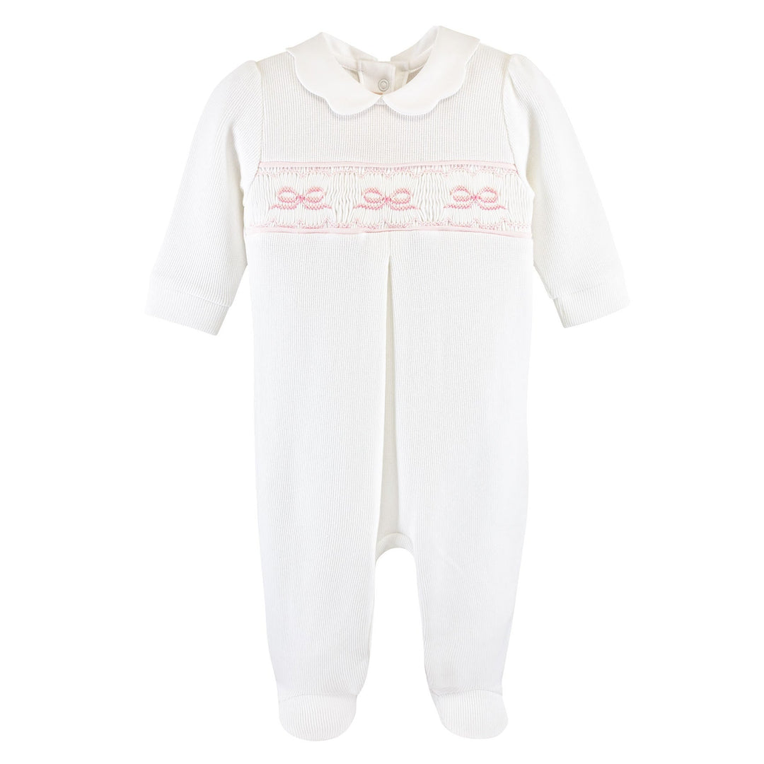 English Knot Smocked Footie- White/Pink