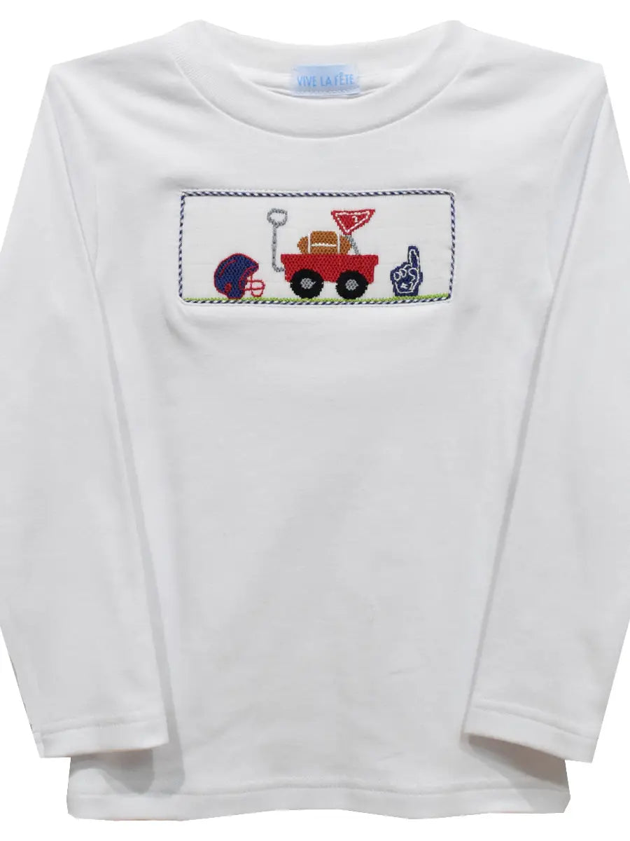 Football Smocked White Knit Long Sleeve T-Shirt