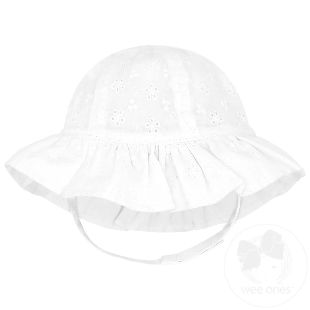 Reversible Girls Ruffle Brim Eyelet Hat-White