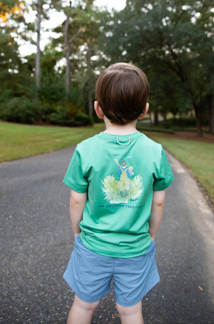 Pro Performance Short Sleeve Fishing T-shirt- Green Spruce Boy and his Lab Puppy