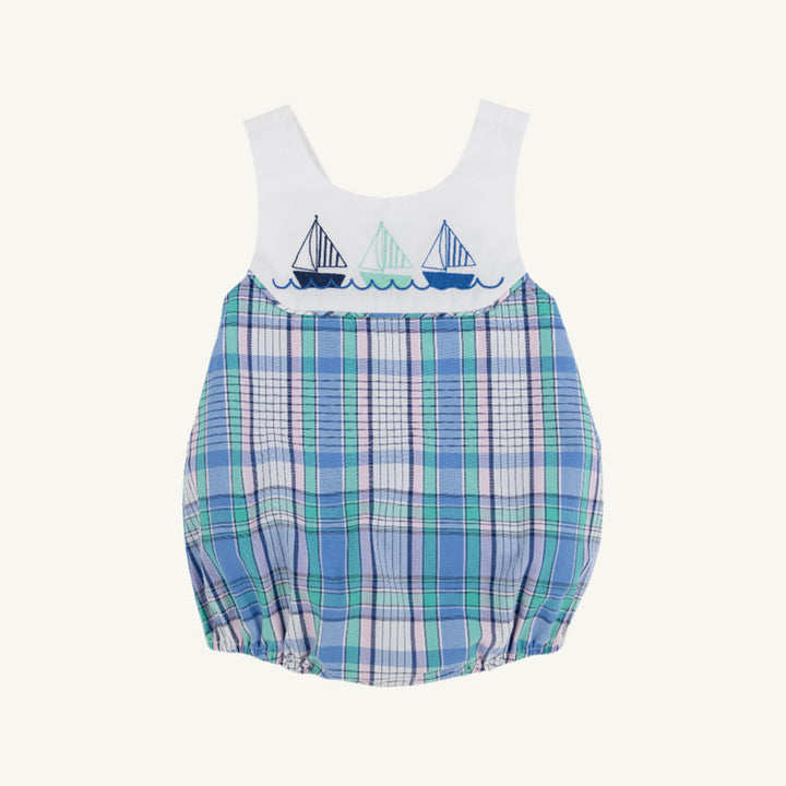 Sandler Sunsuit-Lauderdale Pier Plaid with Worth Avenue White & Sailboat Appliques