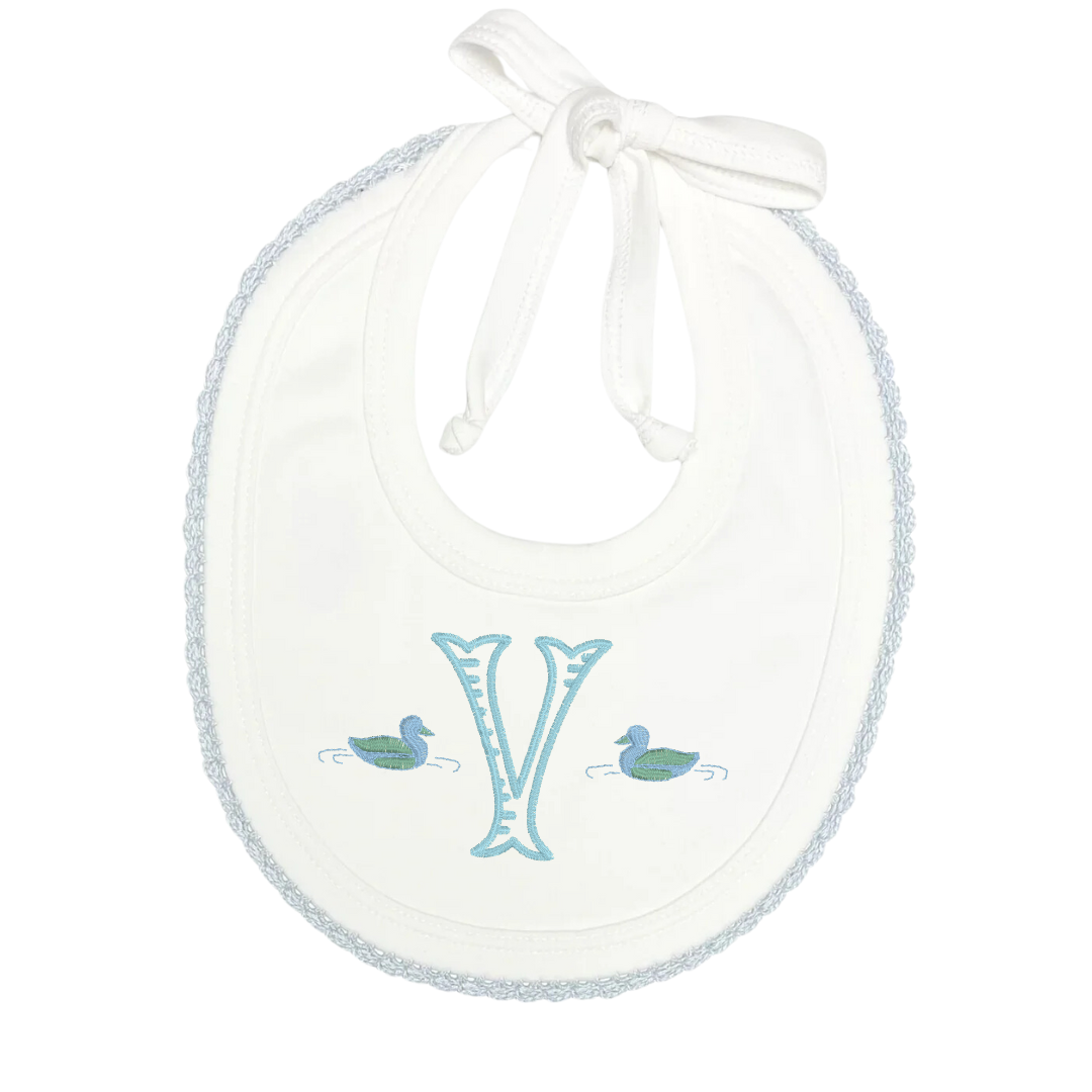 Kali Hansley, White Bib with Crochet Trim - Blue