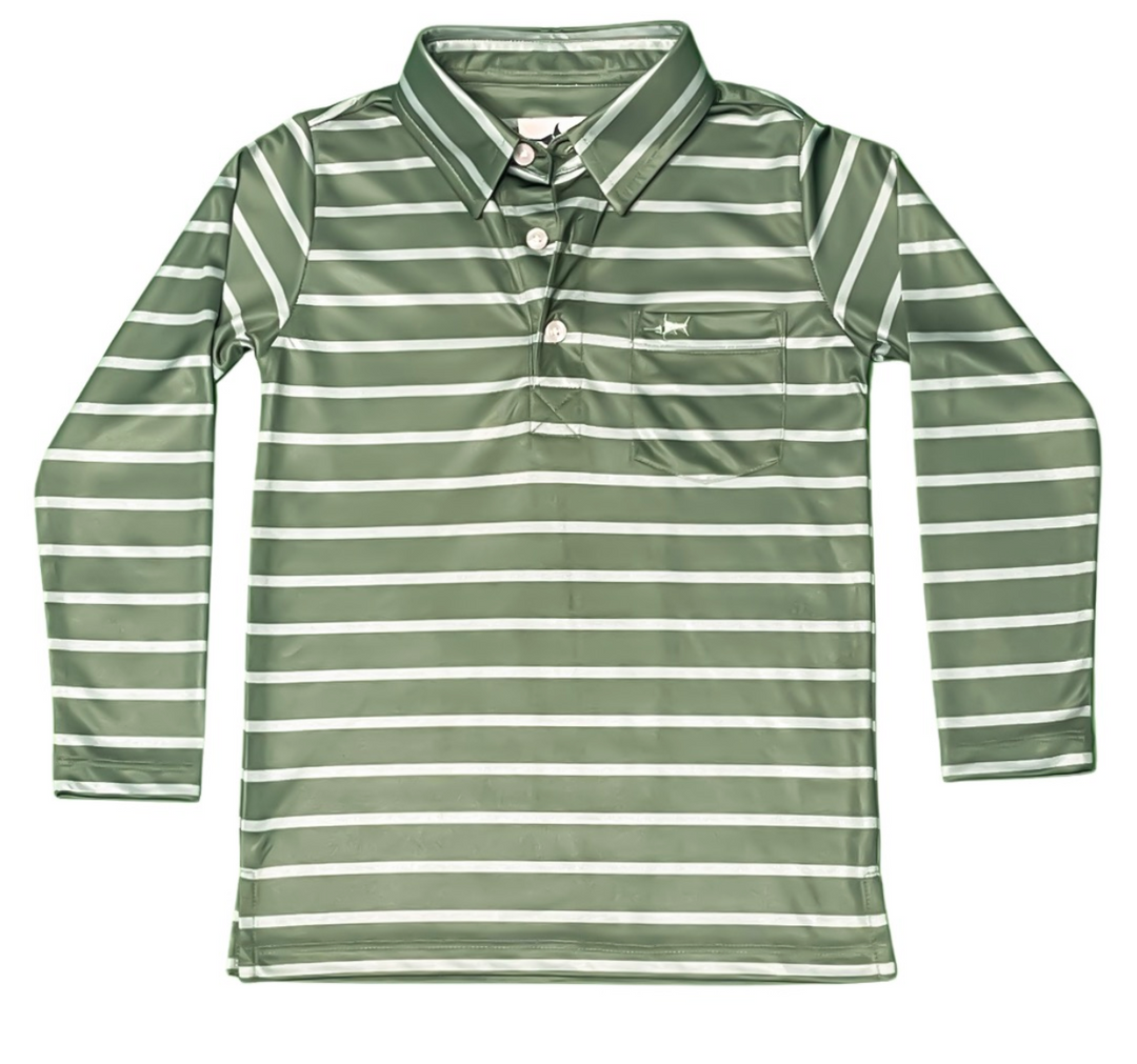 Inshore Performance Stripe Long Sleeve Polo- Green