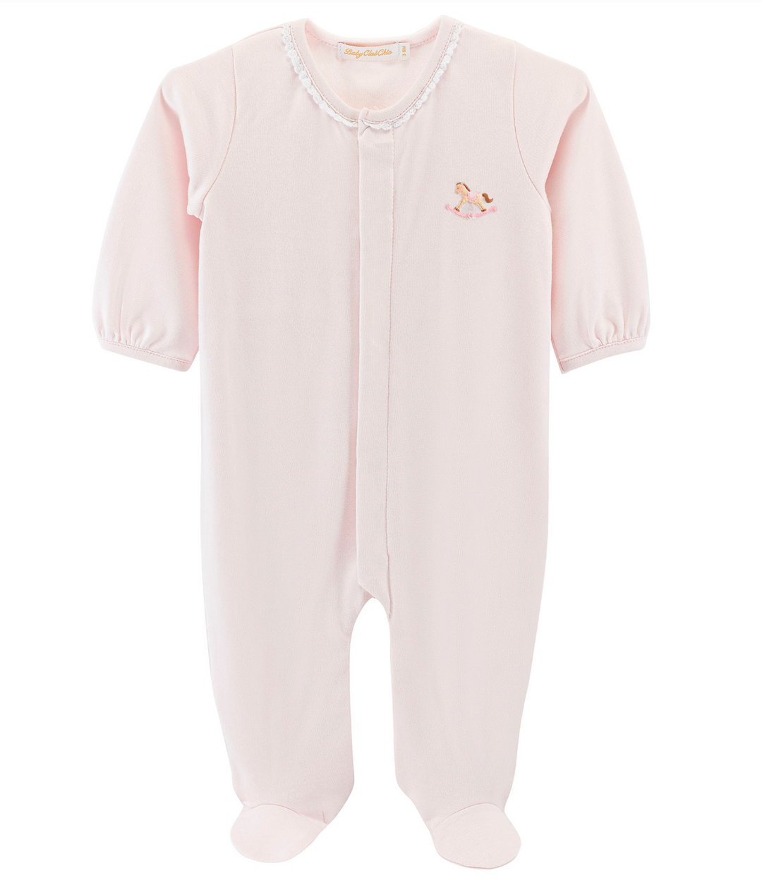 Pink Rocking Horse Footie with Lace Trim