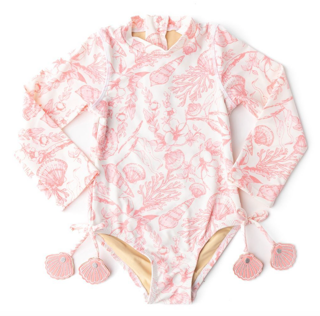 Seaside Toile Long Sleeve Swimsuit- Pink