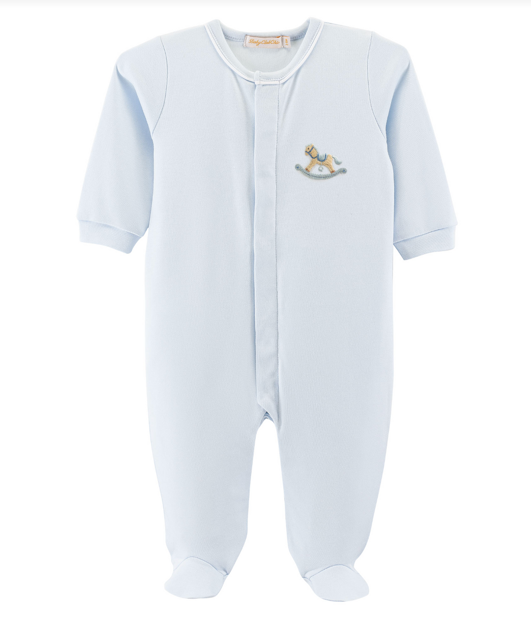 Blue Footie with Piping Trim- Embroidered Rocking Horse