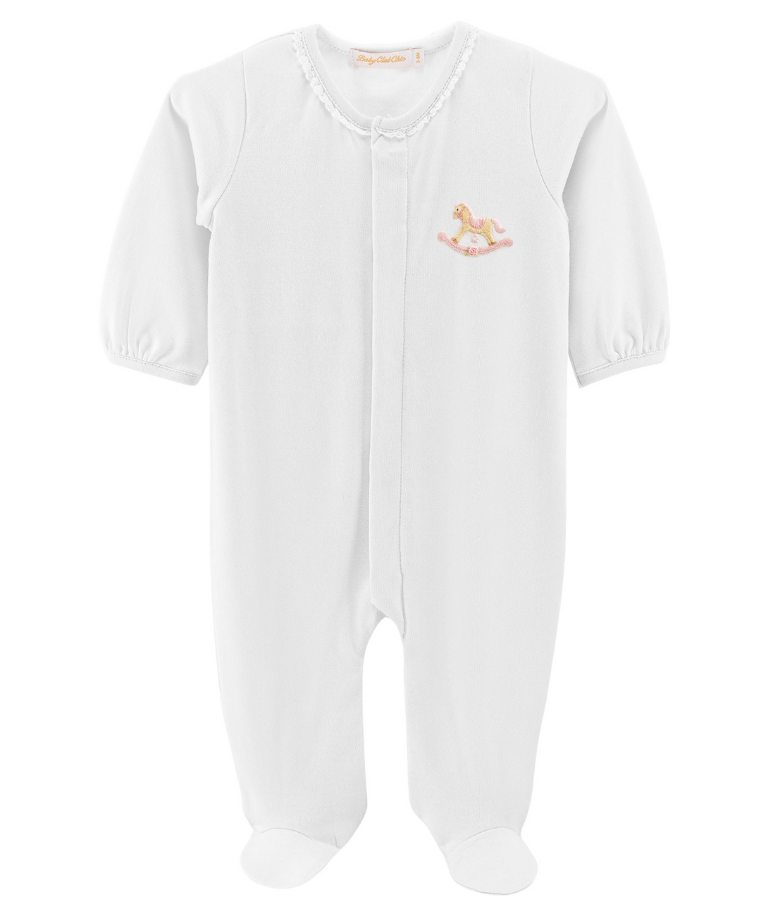 White Footie with Lace Trim- Embroidered Rocking Horse