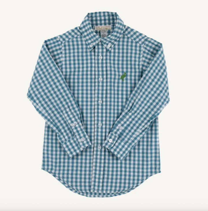 Dean's List Dress Shirt- Barnsley Blue Gingham with Gallatin Green Stork