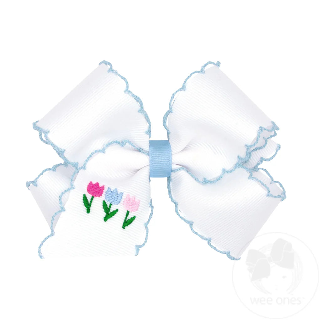 Grosgrain Bow with Moonstitch Edge and Tulip Embroidery