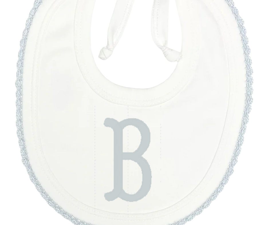 White Bib With Crochet Trim- Light Blue- Samantha Ganas
