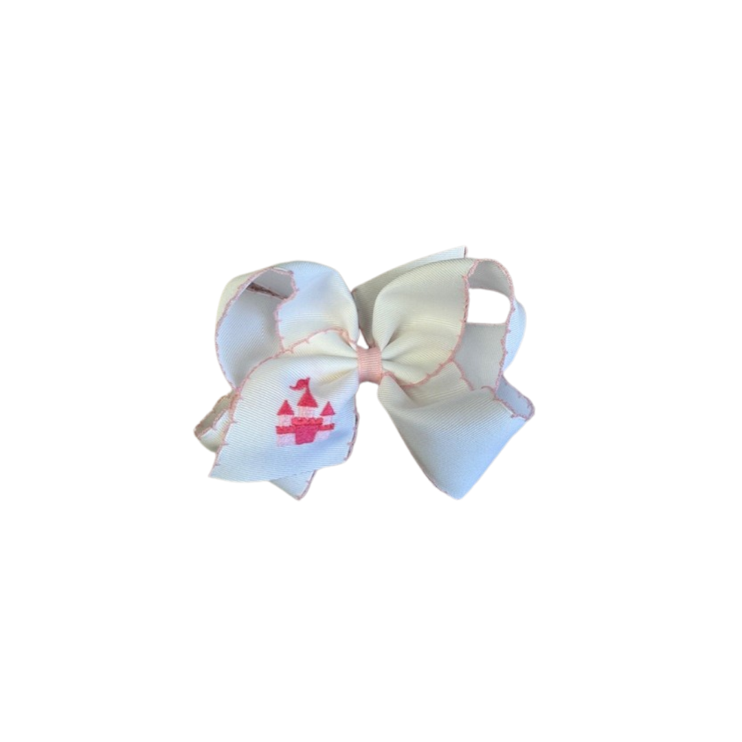 Pink Moonstitch Edge Grosgrain Bow with Castle Embroidery