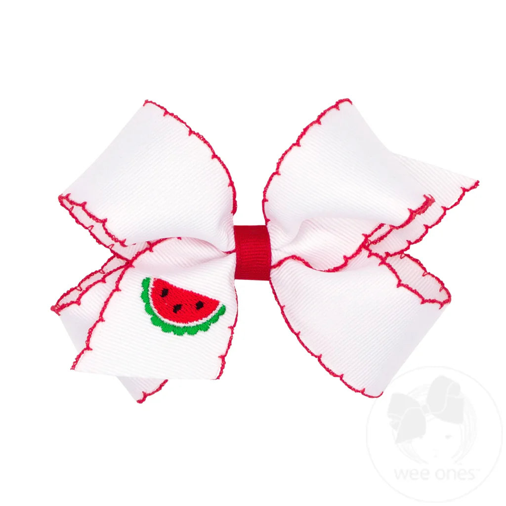 Grosgrain Hair Bow with Moonstitch Edge and Watermelon Embroidery