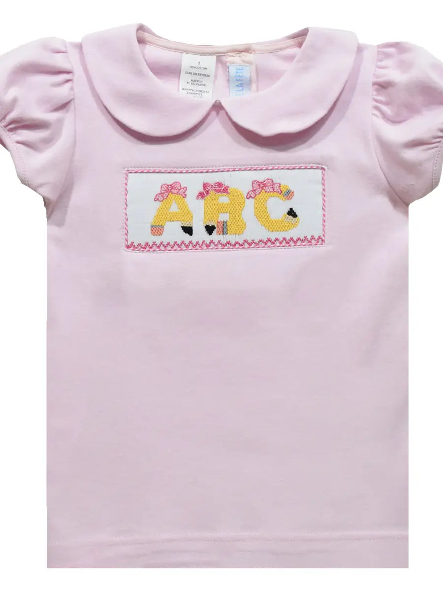ABC School Smocked Pink Short Sleeve Peter Pan Collar Blouse