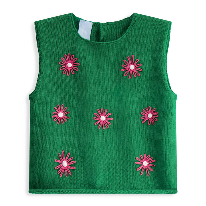 Sleeveless Applique Pullover- Green with Pink Daisies