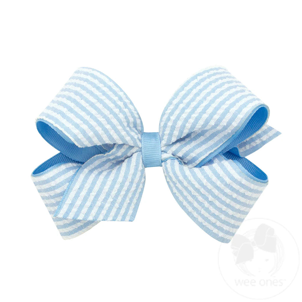 Genuine Seersucker Fabric Grosgrain Overlay Hair Bow- Blue