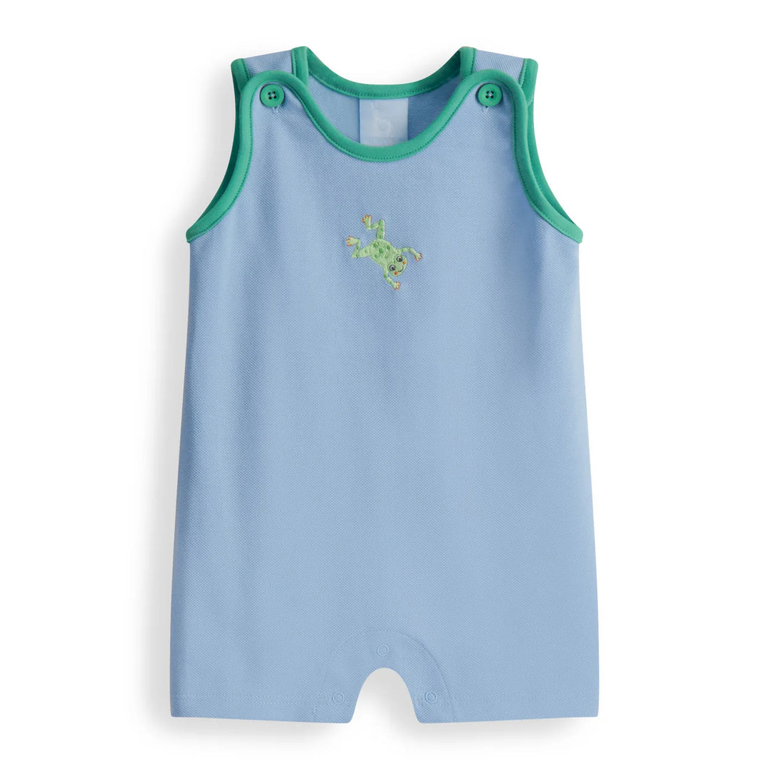 Embroidered Frog Pique Romper- Blue