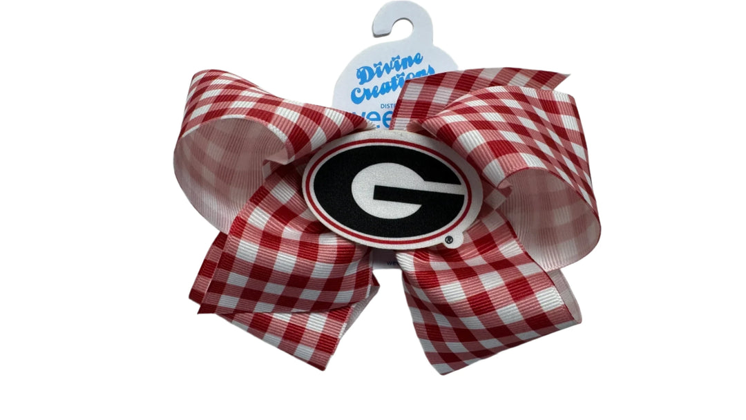 UGA Gingham Print Bow with Badge