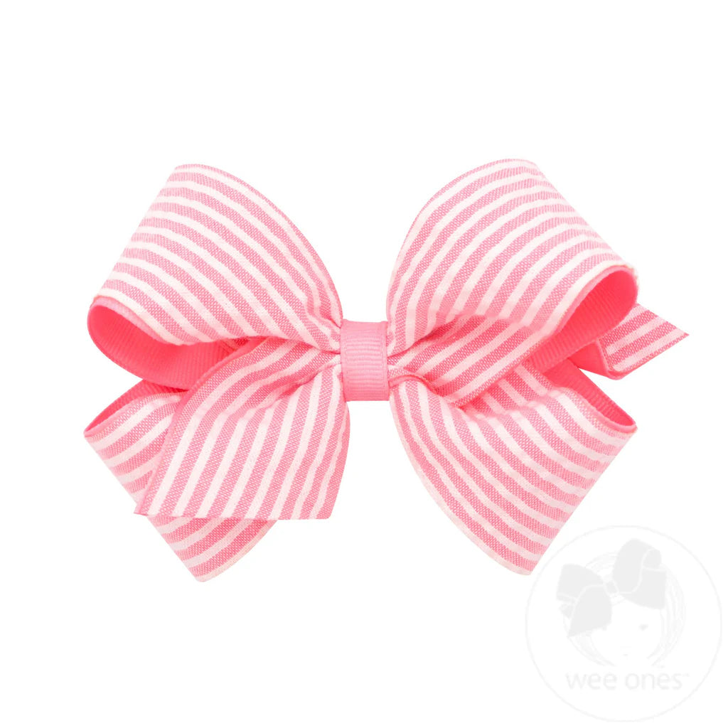 Genuine Seersucker Fabric Grosgrain Overlay Hair Bow- Pink
