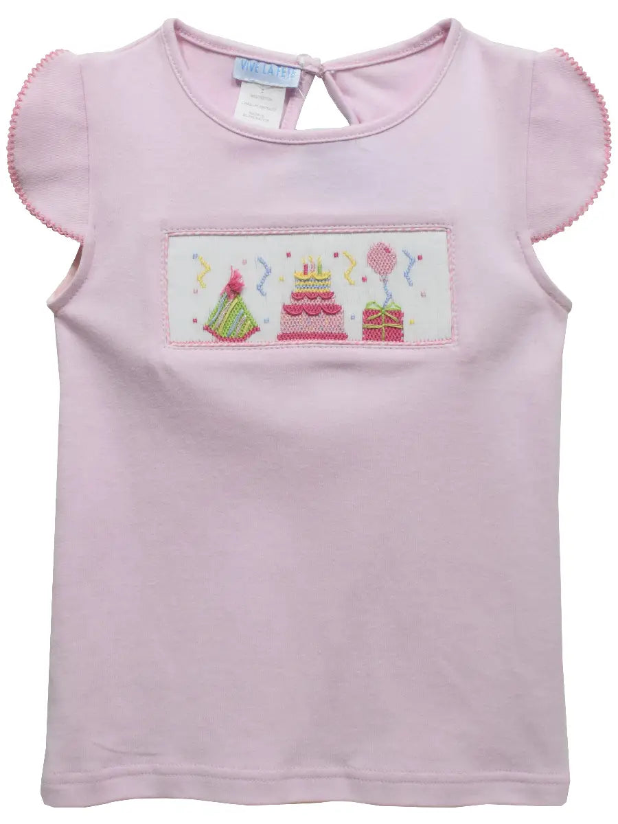 Birthday Smocked Cap Sleeve Shirt- Pink