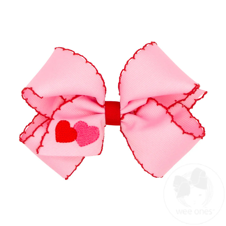 Valentine Heart Embroidered Grosgrain Hair Bow with Moonstitch Edge