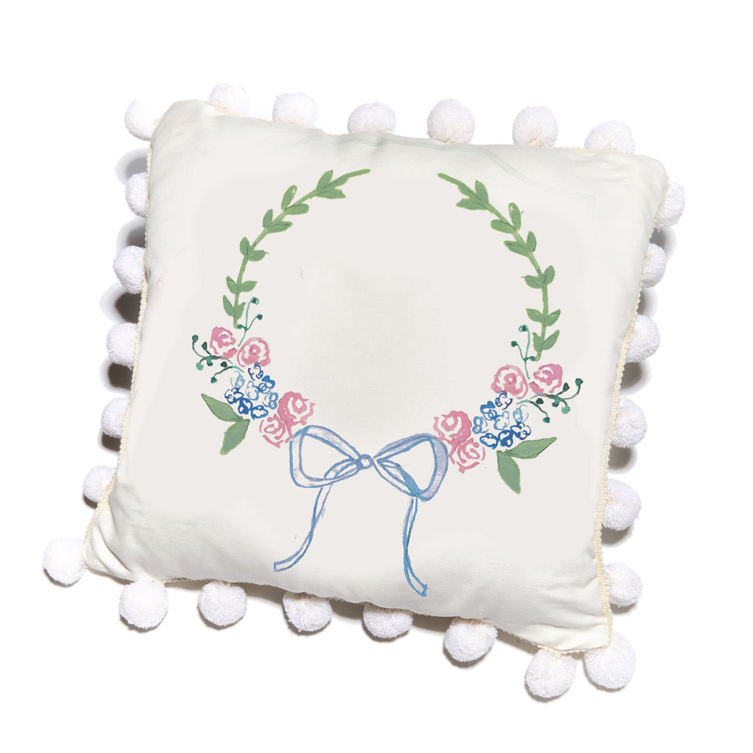 Wreath with Blue Bow & Large Cream Pom Poms Pillow