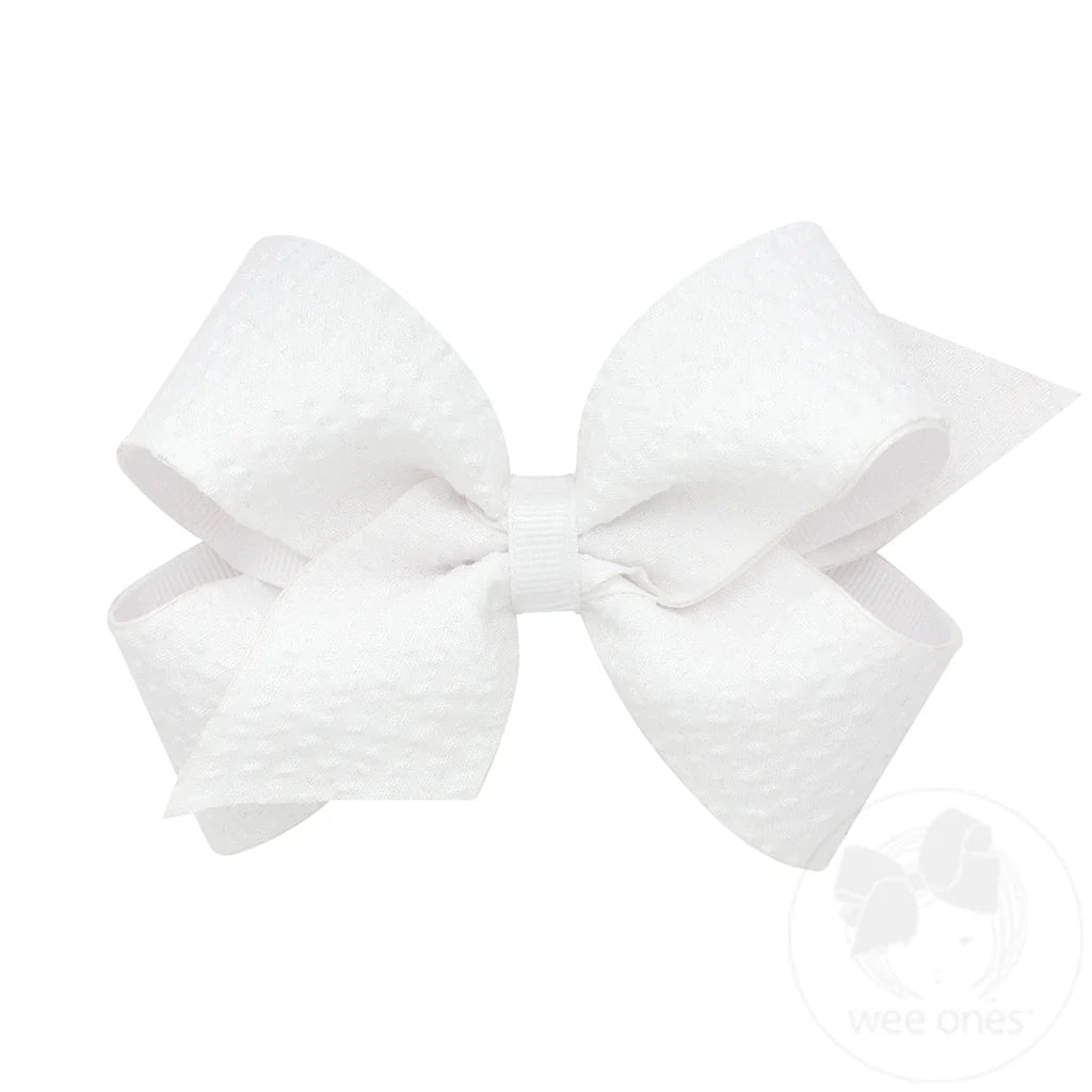 Genuine Seersucker Fabric Grosgrain Overlay Hair Bow- White