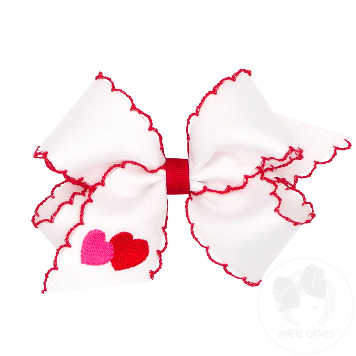 Valentine Heart Embroidered Grosgrain Hair Bow with Moonstitch Edge