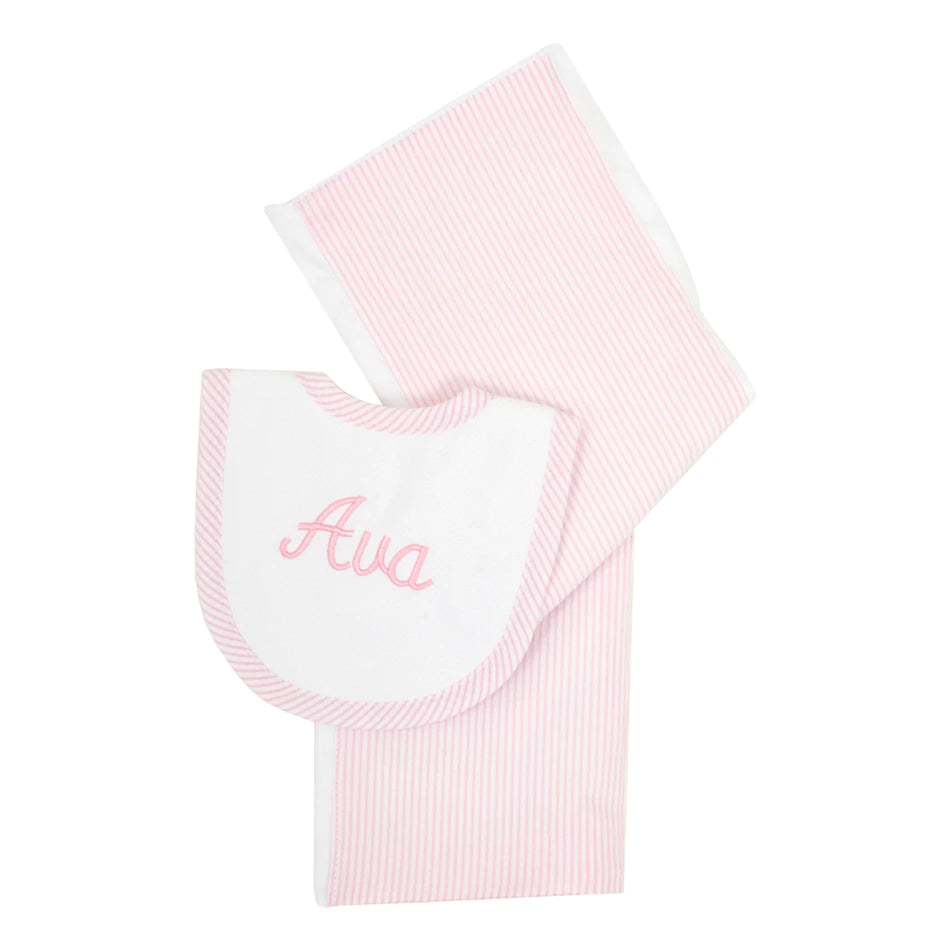 Pink Seersucker Stripe Drooler Bib & Burp Cloth