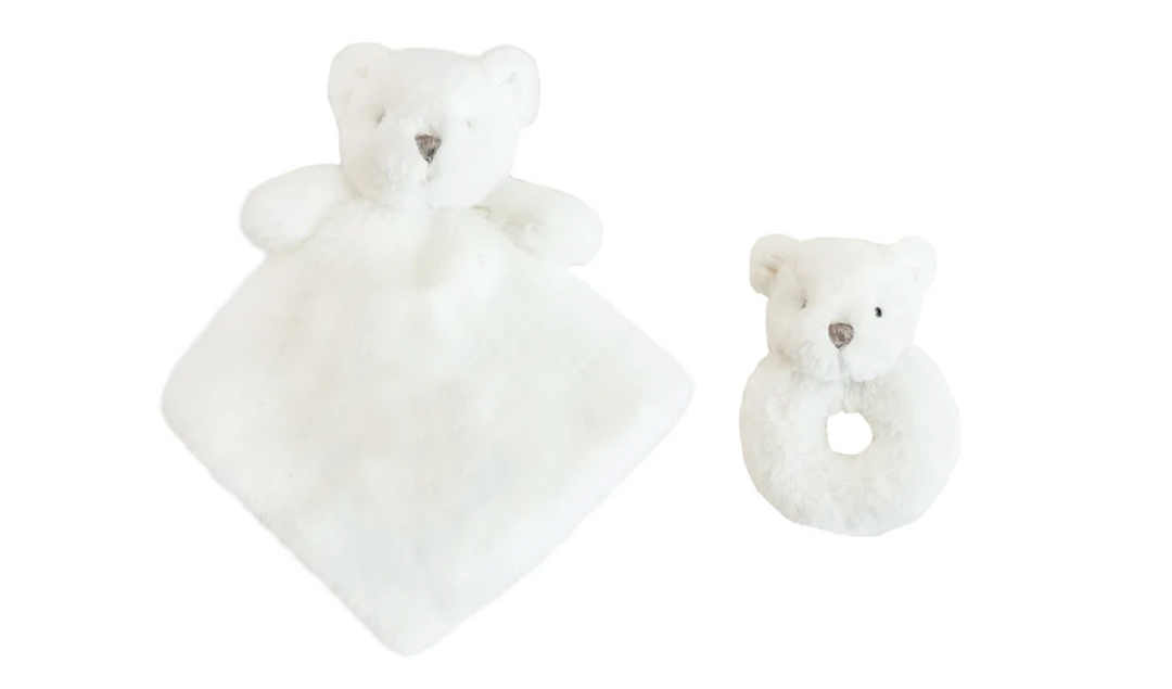 "Beaumont" Luxe White Bear Lovie & Rattle Set