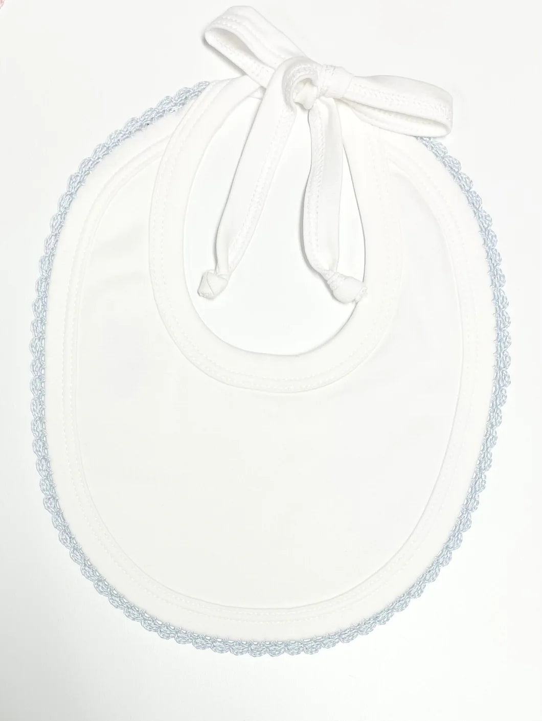 White Bib with Crochet Trim- Light Blue