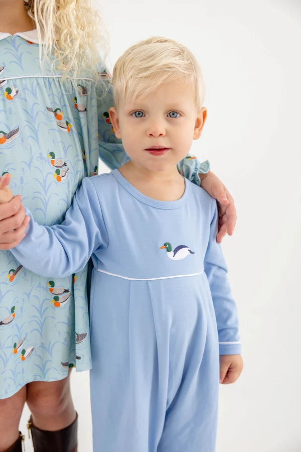 Long Sleeve Bradford Romper - Sarasota Sky and Worth Avenue White with Duck Embroidery